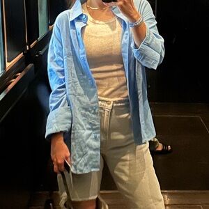 Abercrombie & Fitch oversized linen blend button down shirt size XS blue